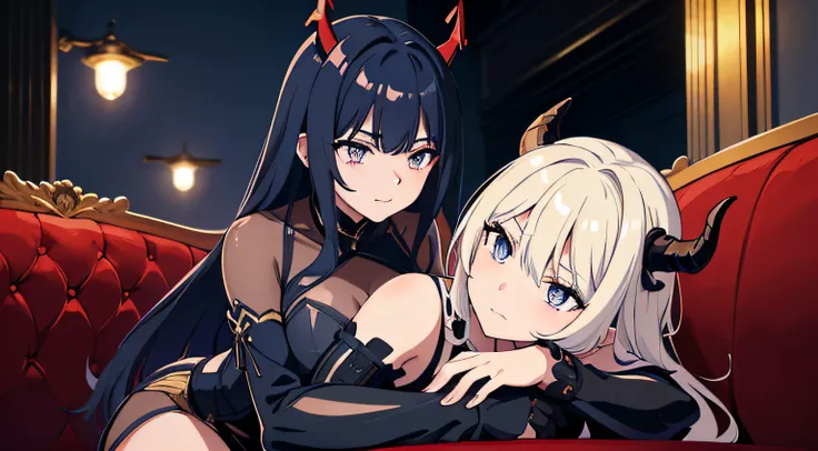 (2 demon girl), (beatiful eyes finely detailed, face to detail, two tone hair color, have horns), (full body:0.8), knight armored, contemptuous facial expression, hugging each other, sitting in sofa, night time, masterpiece, top-quality, detailed, high res...