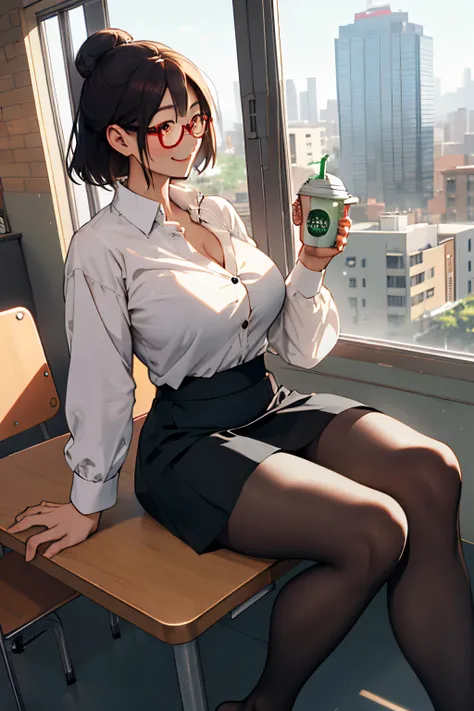 POV looking up at Asian female, wearing short skirt, pantyhose, not wearing shoes, no shoes, tight button down shirt , glasses, big tits, cafeteria、upskirt, drinking Starbucks, modern office, huge windows. cityscape, smiling,