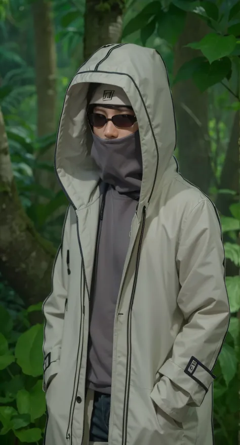 Real life adaption of this character ,man, (realistic same outfit ), realistic jungle background , realistic light, realistic shadow, realism, hyper realistic,(photorealistic:1.2),