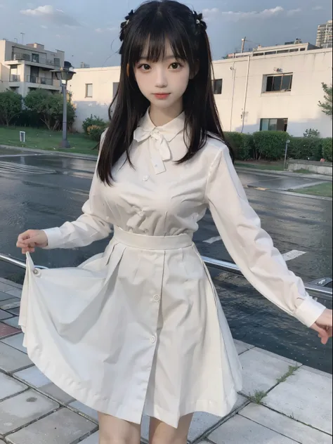 Original quality, highest quality, best image quality, exaggerated detail, cute 8-year-old asian girl with shy expression, slightly squinted eyes, adjust her hair, long eyelashes (long / very, in uniform) outdoors, posing in front of the camera, focus on b...