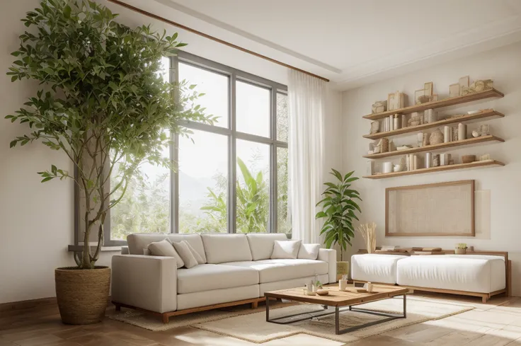 wabi sabi livingroom interior, large glass window, garden outside, dinning table and chair, couch, rough-hewn wood coffee table,...