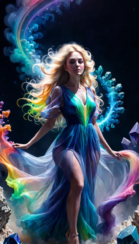 romanticism lain, hyper HD, Ethereal, mistic, Full body portrait of a beautiful and charming young woman, Flawless angel face, Endless extra-long blonde hair, flow around her, blown away by the wind, (A soft rainbow smoke floats around her body) like an el...