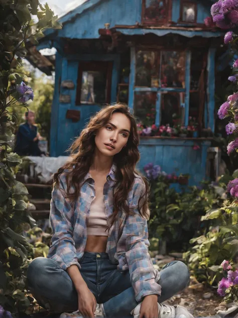 ((Waist Up Shot)) Professional Photo of 20 yo European Look gorgeous female [Gal Gadot : Maude Adams : 0.4] donning casual modest long sleeves flannel shirt, blue jeans trousers, adidas sneakers walks at her breath-taking surreal urban garden scene with fu...