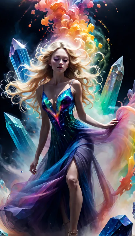 romanticism lain, hyper HD, Ethereal, mistic, Full body portrait of a beautiful and charming young woman, Flawless face, Endless extra-long blonde hair, flow around her, blown away by the wind, (A soft rainbow smoke floats around her body) like an elegant ...