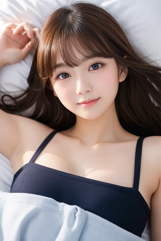 ((glistning skin))、女の子1人、18 year old beautiful girl in Prague、bright expression、with round face、Glossy glossy skin、(Medium Hair)、eye liner、bedroom、bet、lying back on、Beautiful bangs、Hair between the eyes、Digital SLR、Soft light、hightquality、natural soft ligh...