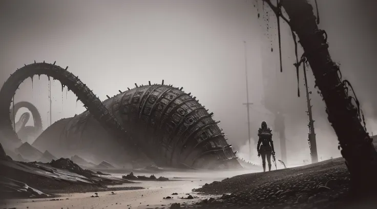 ((gloomy tentacle horror biopunk atmosphere)), lots of grey sand, cold lighting, abandoned sorrow desert wasteland landscape, (scorn videogame style), horror atmosphere, presence of something terrible, highly detailed biopunk background, background by Hans...