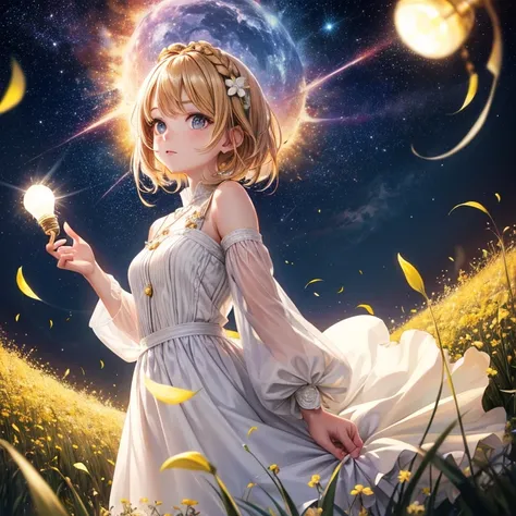 animesque　Fantastical　Chestnut haired girl wearing a white dress　starrysky　　big light bulb　grass field　Grains of light