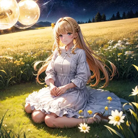 animesque　Fantastical　Chestnut haired girl wearing a white dress　starrysky　　big light bulb　grass field　Grains of light