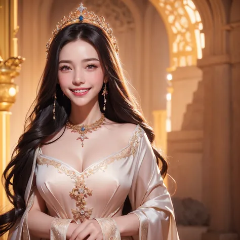 portrait of a beautiful 20 year old holy woman, wearing a thin multicolored silk dress, a beautiful face without blemish, without freckles and moles on her face, (((beautiful smile:1.4))), ((7 color long hair:1.2)), big crown, hair brooch, handful dress, c...