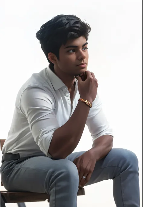 The image features a young boy sitting on a wooden bench, which is located near a fence. The boy is wearing a black shirt and appears to be looking at the camera. The bench is positioned in the middle of the scene, with the fence extending to the left and ...