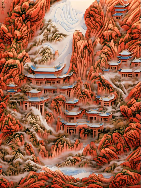 tmasterpiece, high high quality, Best quality, offcial art, (Beauty aesthetics :1.2),  Surrounded by red rocks, Splash spray, (Chinese landscape paper carving, Chinese landscape painting of the Song Dynasty :1.2), (Surreal fantasy style), Light tracing, En...