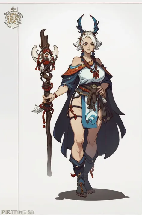 1girll ，((1girll))，((独奏))，full bodyesbian，European and American cartoon design，Primitive tribal elements，Standing on your feet，Witcher，Staff in hand，feater，whitebackground