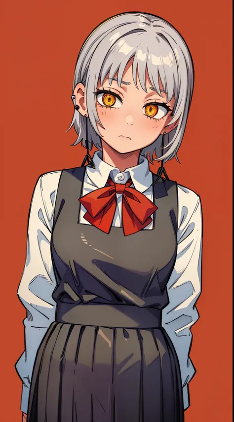 (masterpiece, best quality:1.2), cowboy shot, solo, looking at viewers, 1girl, fami, grey hair, short hair, earrings, yellow eyes, (red bow:1.2), black school uniform, cool girl, expressionless, one color background