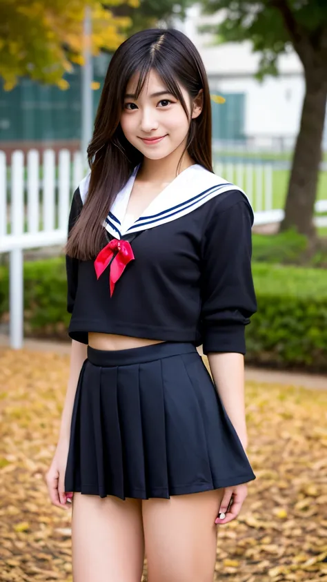 Best-quality, Masterpiece, Ultra-High-Resolution, (Photorealistic:1.4), Raw-Photo, Extremely-Details, Perfect-Anatomy, 

at school playground in autumn, 

1girl, 15-years-old, the most popular Japanese idol, cowboy-shot, wearing only Japanese sailor-style ...