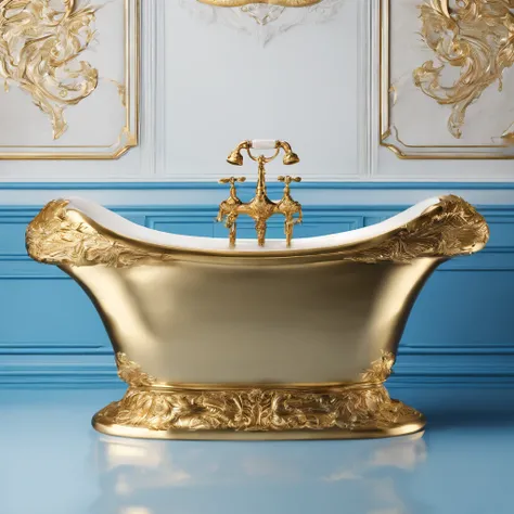 there is a bowl with a blue and gold decoration on it, bathtub, bathtub with golden faucet, dreamy and detailed, ornate and flowing, made purely out of water, beauteous sumptuous, blue and gold color scheme, made of liquid metal and marble, gold and blue, ...