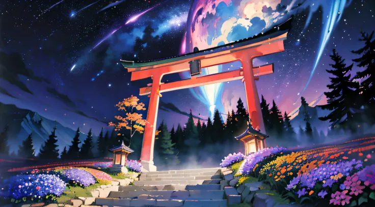 4k, high quality, masterpiece:1.2, expansive landscape photograph ,(flower garden), ((a big torii in the forefront)), stone staircase, moon, (shooting stars:0.9), (nebula:1.3), distant mountain, , (warm light source:1.2),, lamp, lot of purple and orange, i...