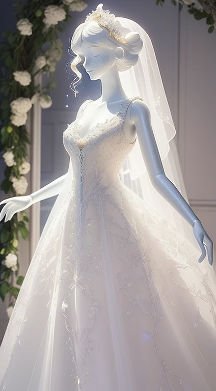 There is a dress on a mannequin stand with light、((Fantastical))、 translucent  dress, white royal dress, Elegant white dress, fantasy dress, Elegant dress, magical dress, romantic dress, intricate fantasy dress, complex white dress, Wearing a beautiful whi...