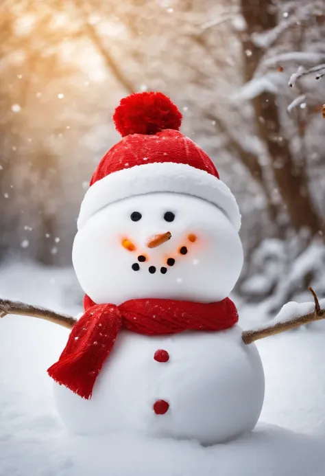 Make a snowman，Yellow leaves，White snow，Snowman red scarf，Carrot nose，Fat Chubby