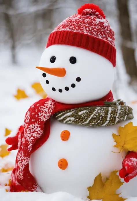 Make a snowman，Yellow leaves，White snow，Snowman red scarf，Carrot nose，Fat Chubby