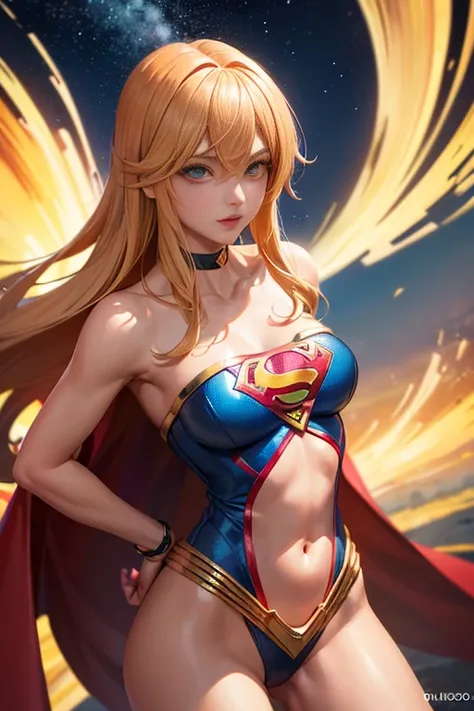 Nami como a supergirl, (((master part+best quality+high resolution+ultra-detalhado))), 1girl com clima-tato, Nos, cabelo laranja sedoso longo, , noble and inviolable temperament, (([female]: 1.2 + [beleza]: 1.2 + cabelo longo laranja: 1.2)), fundo da lagoa...