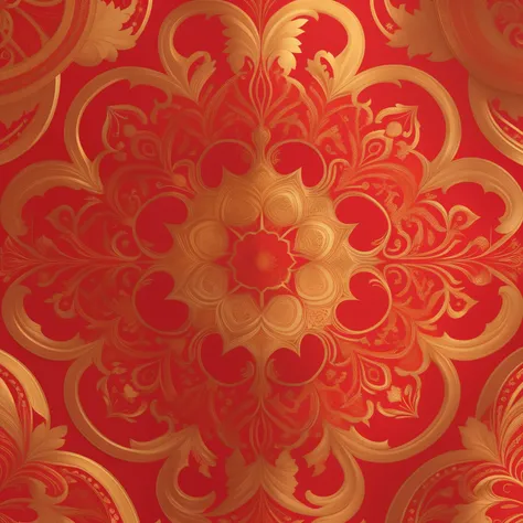 um close de um papel de parede vermelho, filigrana dourada com um design circular, ornate with fiery explosions, pano vermelho e dourado, detalhes de cor vermelha e dourada, ouro e metal vermelho, ornamento hiper detalhado, barroco fractal, ornamento intri...