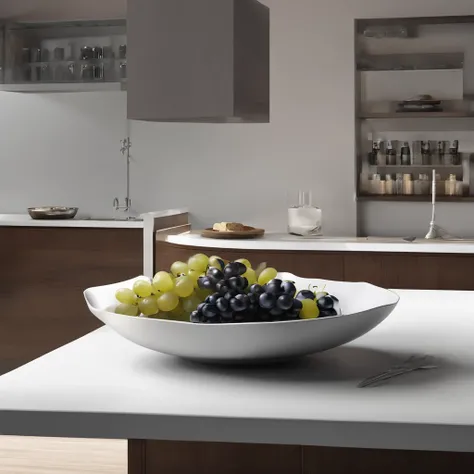 there is a plate of grapes on a counter with a bowl of grapes, cool 3d visualisation, striking artistic concept, intricate fire designs, zaha hadid octane highly render, made of lava, dark kitchen, magnificent design, molten, depicted as a 3 d render, hype...