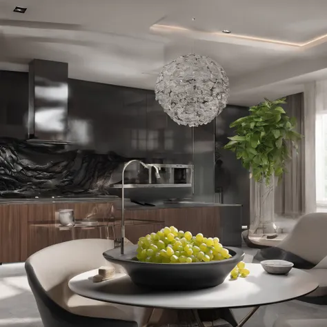 There is a plate of grapes and a bowl of grapes on the counter, Stunning 3D visualization, Striking artistic concept, complex fire design, Zaha Hadid&#39;s High Octane Render, made of lava, dark kitchen, magnificent design, Molten, depicted as a 3 d render...