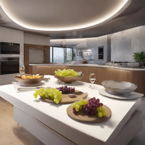 There is a plate of grapes and a bowl of grapes on the counter, Stunning 3D visualization, Striking artistic concept, complex fire design, Zaha Hadid&#39;s High Octane Render, made of lava, dark kitchen, magnificent design, Molten, depicted as a 3 d render...