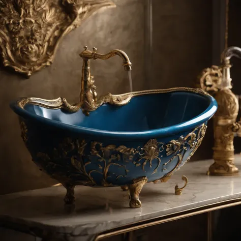 there is a bowl with a blue and gold decoration on it, bathtub, bathtub with golden faucet, dreamy and detailed, ornate and flowing, made purely out of water, beauteous sumptuous, blue and gold color scheme, made of liquid metal and marble, gold and blue, ...