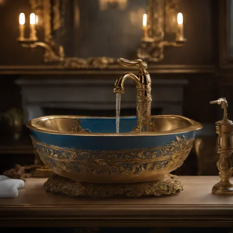 there is a bowl with a blue and gold decoration on it, bathtub, bathtub with golden faucet, dreamy and detailed, ornate and flowing, made purely out of water, beauteous sumptuous, blue and gold color scheme, made of liquid metal and marble, gold and blue, ...