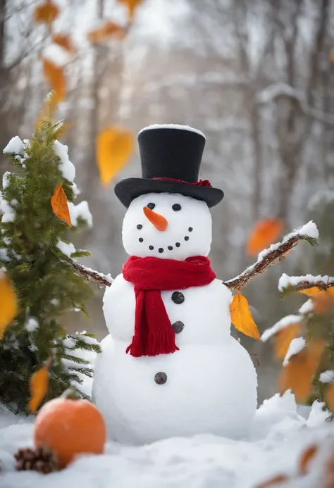 Make a snowman，Yellow leaves，White snow，Snowman red scarf，Carrot nose，chubbiness