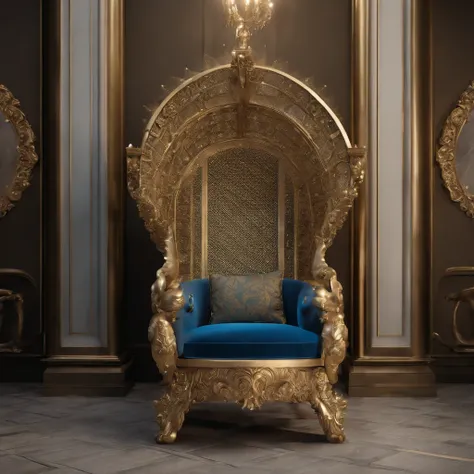 a close up of a hanging chair with a blue cushion, luxury furniture, by Elena Guro, blue and gold color scheme, exquisitely designed throne room, perched on intricate throne, luxury hd render, exquisite and handsome wings, gold and luxury materials, golden...