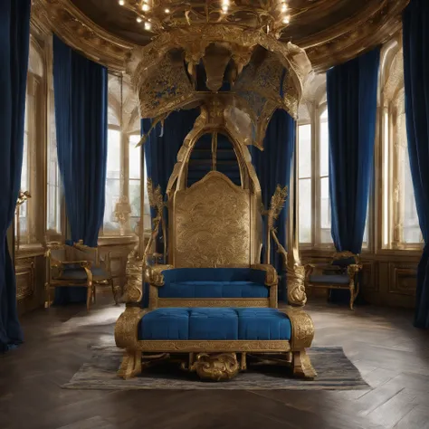 a close up of a hanging chair with a blue cushion, luxury furniture, by Elena Guro, blue and gold color scheme, exquisitely designed throne room, perched on intricate throne, luxury hd render, exquisite and handsome wings, gold and luxury materials, golden...