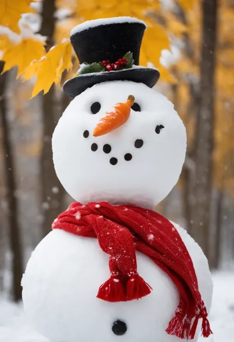 Build a snowman，Yellow leaves，White snow，Snowman red scarf，Carrot nose，chubbiness