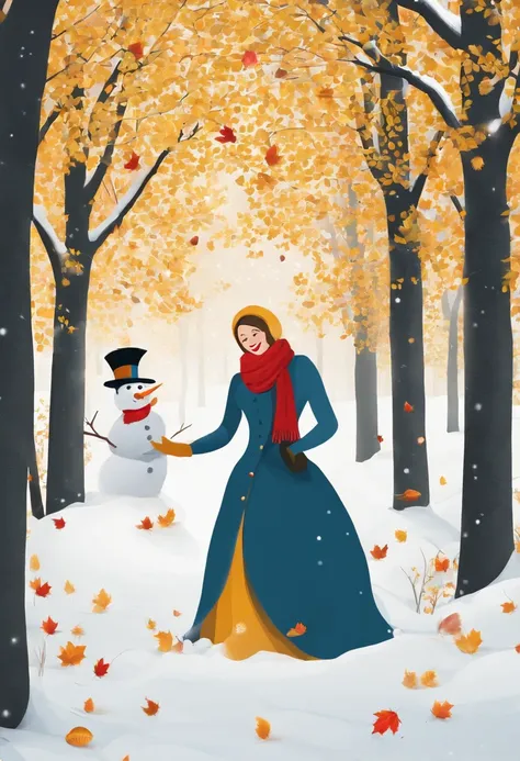 Build a snowman，Yellow leaves，White snow，Snowman red scarf，Carrot nose，chubbiness