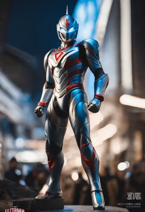 [ Amazing | astounding | delicated ] [Visually inspect the audience]Ultraman&#39;s character statue ， （Best quality， tmasterpiece）， 1人，combat scene， City smoke background， upper part of body， Contemporary，Blue Ultraman Tiga Color Color。[dot paper effect]，U...