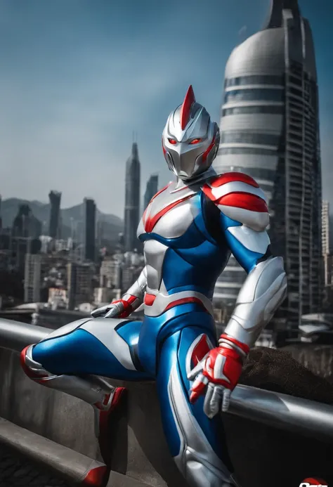 [ Amazing | astounding | delicated ] [Visually inspect the audience]Ultraman&#39;s character statue ， （Best quality， tmasterpiece）， 1人，combat scene， City smoke background， upper part of body， Contemporary，Blue Ultraman Tiga Color Color。[dot paper effect]，U...