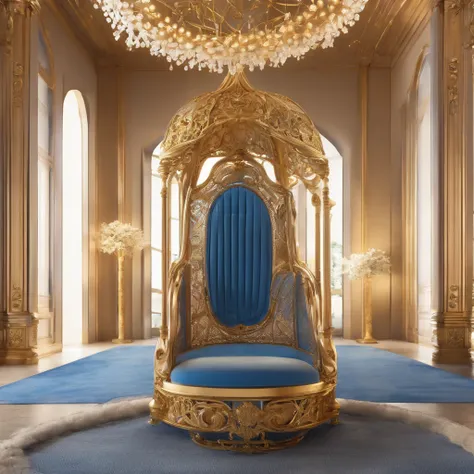 a close up of a hanging chair with a blue cushion, luxury furniture, by Elena Guro, blue and gold color scheme, exquisitely designed throne room, perched on intricate throne, luxury hd render, exquisite and handsome wings, gold and luxury materials, golden...