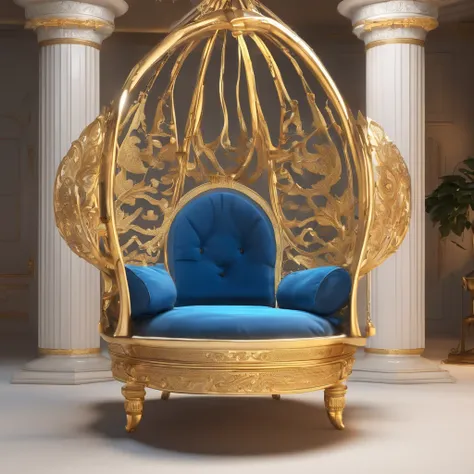 a close up of a hanging chair with a blue cushion, luxury furniture, by Elena Guro, blue and gold color scheme, exquisitely designed throne room, perched on intricate throne, luxury hd render, exquisite and handsome wings, gold and luxury materials, golden...