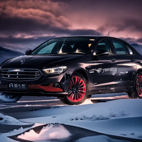 Black car driving on snowy road，Black car，The background is mountains, Wide-angle panorama, , High quality images, subtle detailing, Side lighting ，Amazing，Ultra photo realsisim，k hd，