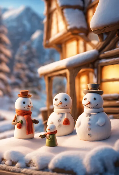 at the foot of a snow-covered mountain, a family is together building snowmen. each member of the family has their own distincti...