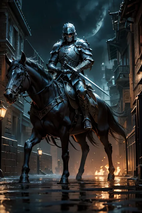 fantasy art, RPG art, high details, best quality, 16k, RAW, [best detailed], masterpiece, best quality, (extremely detailed), (full body: 1.2), ultra wide shot, photorealistic, a (noble knight: 1.3) rides skull horse in the dark streets of a medieval town,...