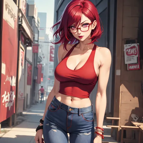 nishikino maki, purple eyes, red hair, lipstick,red tank top, denim pants,low waist pants, open pants, glasses, bracelet, cleava...