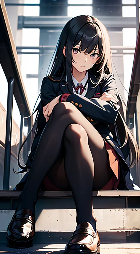 a female japanese high school student in uniform wearing black pantyhose and loafers is sitting with her legs crossed. legs loom...