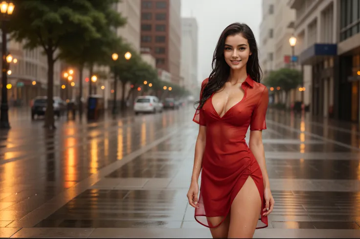 A girl enjoying a rain shower in the downtown cityscape, ((upper body, happy)), (((1girl))),(18years old),[the face is combination of (((irene1:1.2))) and (((Excella_er5:1.2)))],beautiful detailed eyes,beautiful detailed lips,extremely detailed eyes and fa...