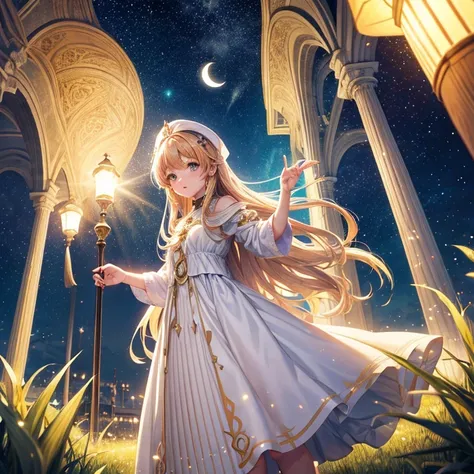 animesque　Fantastical　Chestnut haired girl in a white dress　starrysky　New Moon　　retro street lamp　grass field　Particles of light　sacred place