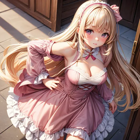 Young Lolita girl standing with blushed face and long blond hair with sidelocks, bend over,medium boobs, pink dress, cleavage,no pantie under dress, lift dress,