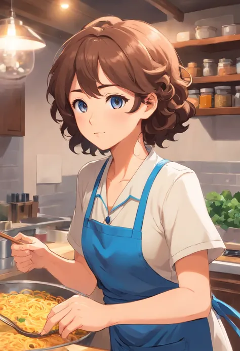 a curly hair mom，Brown eyes，Clothes wearing a blue apron，  Open the whole body and turn sideways