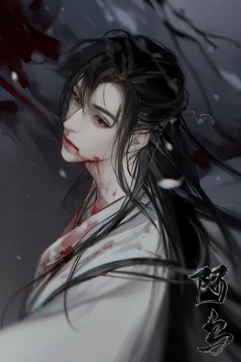 anime, a woman with long hair and blood on her face, handsome guy in demon slayer art, by yang j, beautiful male god of death, d...