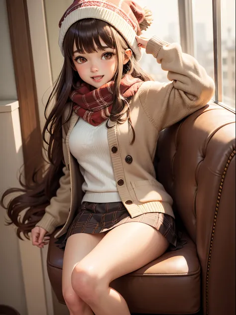 1girl in, Autumn leaves, Bangs, black headwear, Blurry background, blush, Brown eyes, Brown hair, （Accurate Hand Modeling）,brown scarf, Brown skirt, Cardigan, Cowboy Shot,Beanie, Holding,Long hair, Long sleeves, Looking at Viewer, open cardigan, Open mouth...